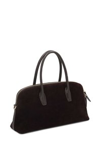 Dark brown suede handbag with contrasting dark leather handles, zip closure, and a streamlined, rectangular shape. Minimal hardware accents.