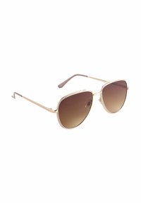 Ochelari de soare din metal aurit, în formă de aviator supradimensionată, cu lentile degrade maronii și temple drepte. Design minimalist, fără logo-uri vizibile.