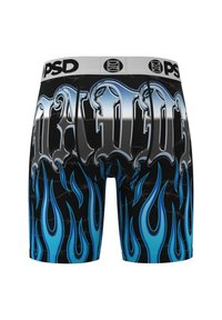 Boxer neri con grafiche di fiamme blu; caratterizzati da una cintura grigia con logo e scritta metallica. Realizzati in tessuto liscio ed elastico.