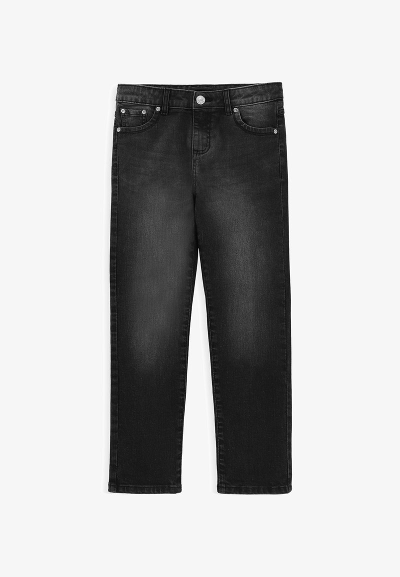 Czarne dżinsy z prostymi nogawkami, pięcioma kieszeniami i metalowym zapięciem. Miękka faktura, minimalne przetarcia i brak widocznych wzorów.