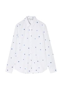 Witte langarmshirt met blauw bloemenborduurwerk, knoopsluiting aan de voorkant en een rechte snit. Gladde stof met een klassiek kraagontwerp.