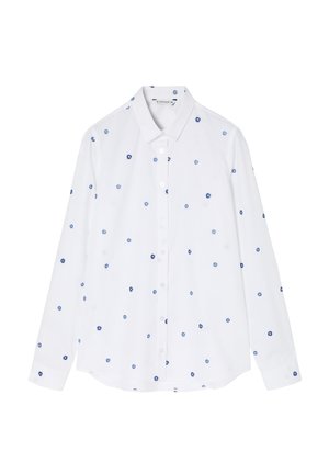 White long-sleeve shirt featuring blue floral embroidery, button-up front, and a straight cut. Smooth fabric with a classic collar design.