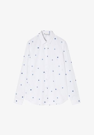 Valge pika varrukaga särk, millel on sinised lillemotiivid, nööpidega esiosa ja sirge lõige. Sile kangas klassikalise krae disainiga.