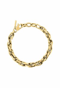 Guldarmband gjort av sammanlänkade ovala och cirkulära metall länkar. Har ett säkert lås och en slät, glänsande yta med en polerad finish.