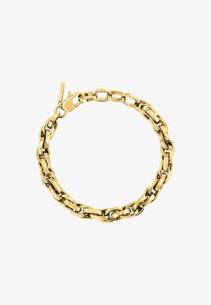 Guldarmbånd lavet af sammenkoblede metal ovale og cirkulære led. Har en sikker spænde og en glat, blank overflade med en poleret finish.