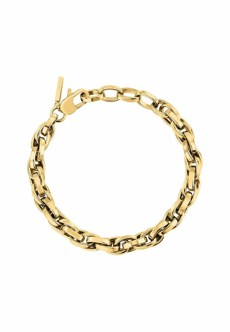 Guldarmband gjort av sammanlänkade ovala och cirkulära metall länkar. Har ett säkert lås och en slät, glänsande yta med en polerad finish.