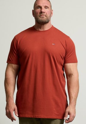 Bärtiger Mann steht nach vorne gerichtet und trägt ein schlichtes rostrotes kurzärmliges T-Shirt und olivgrüne Hosen, neutraler Hintergrund.