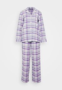 Fialovo-biely kockovaný pyžamový top s dlhým rukávom a gombíkmi, spolu s ladiacimi dlhými nohavicami, na jednoduchom pozadí.
