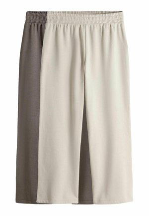 Hellbeige und dunkelgraue Culottes mit elastischem Bund. Hergestellt aus glattem Stoff, mit einem Frontschlitz für zusätzliche Details.