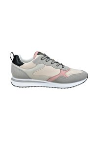 Sneaker in Hellgrau mit rosa und schwarzen Akzenten. Strukturiertes Material, runde Zehenform und Schnürdesign. Mit einer weißen Gummisohle.