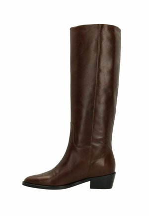 Bruine leren laarzen tot de knie met een puntige neus en een lage blokhak. Gladde textuur met minimale stikseldetails.