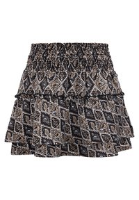 Gonna a balze a strati nera e marrone con vita arricciata. Presenta disegni paisley e bordi arricciati per un tocco di texture in più.