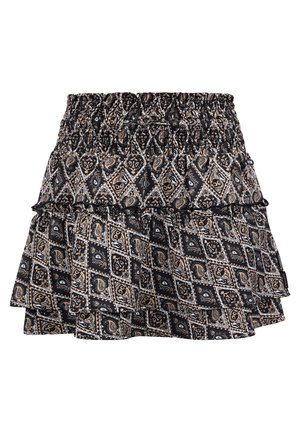 Zwarte en bruine gestreepte tiered rok met een smocktailleband. Kenmerkt zich door paisley-ontwerpen en gerimpelde randen voor extra textuur.