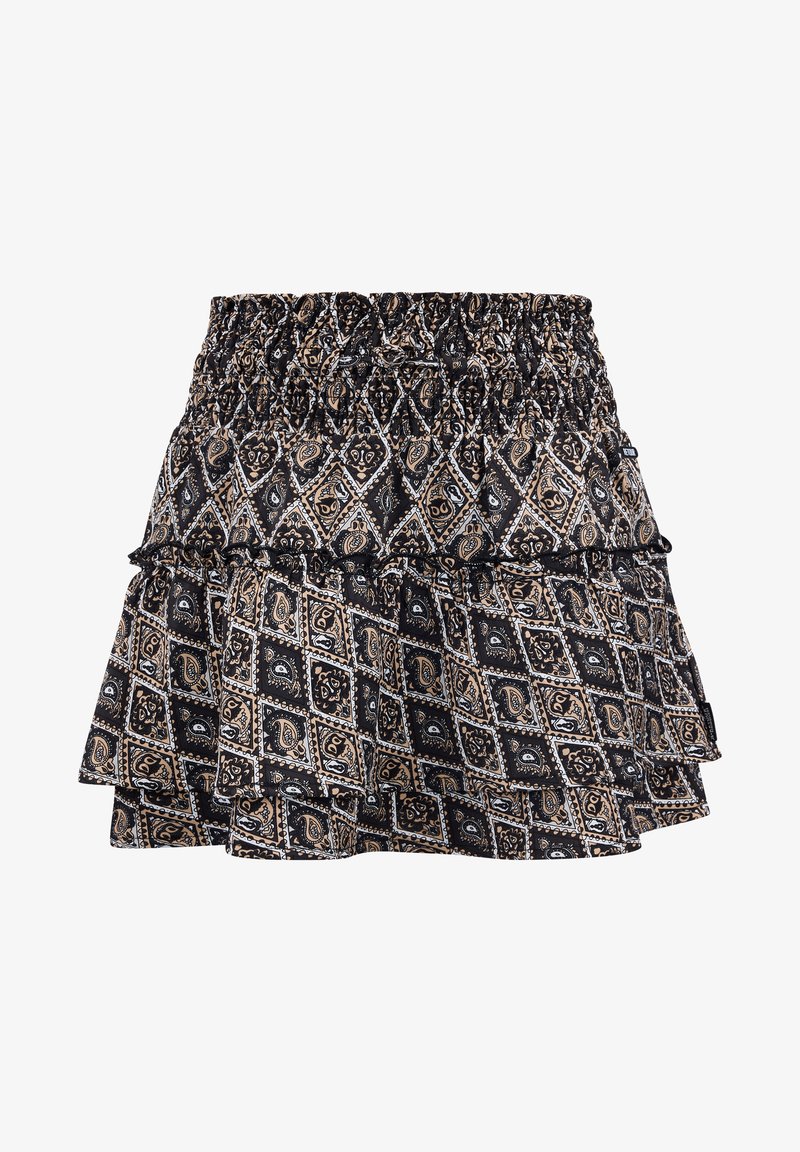 Zwarte en bruine gestreepte tiered rok met een smocktailleband. Kenmerkt zich door paisley-ontwerpen en gerimpelde randen voor extra textuur.