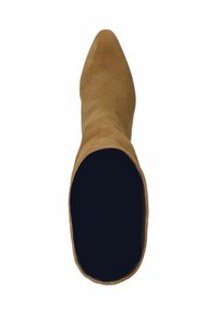 Beige suède laarzen met een puntige neus en een enkelhoge schacht. Gladde textuur, minimalistisch ontwerp en een open bovenstuk dat een zwarte binnenkant onthult.