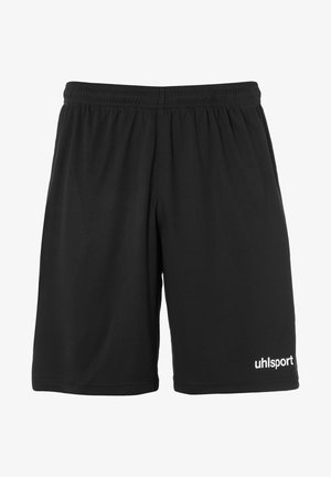 Shorts de sport noirs en matériau léger, dotés d'une taille élastique et d'un logo uhlsport blanc en bas à droite.