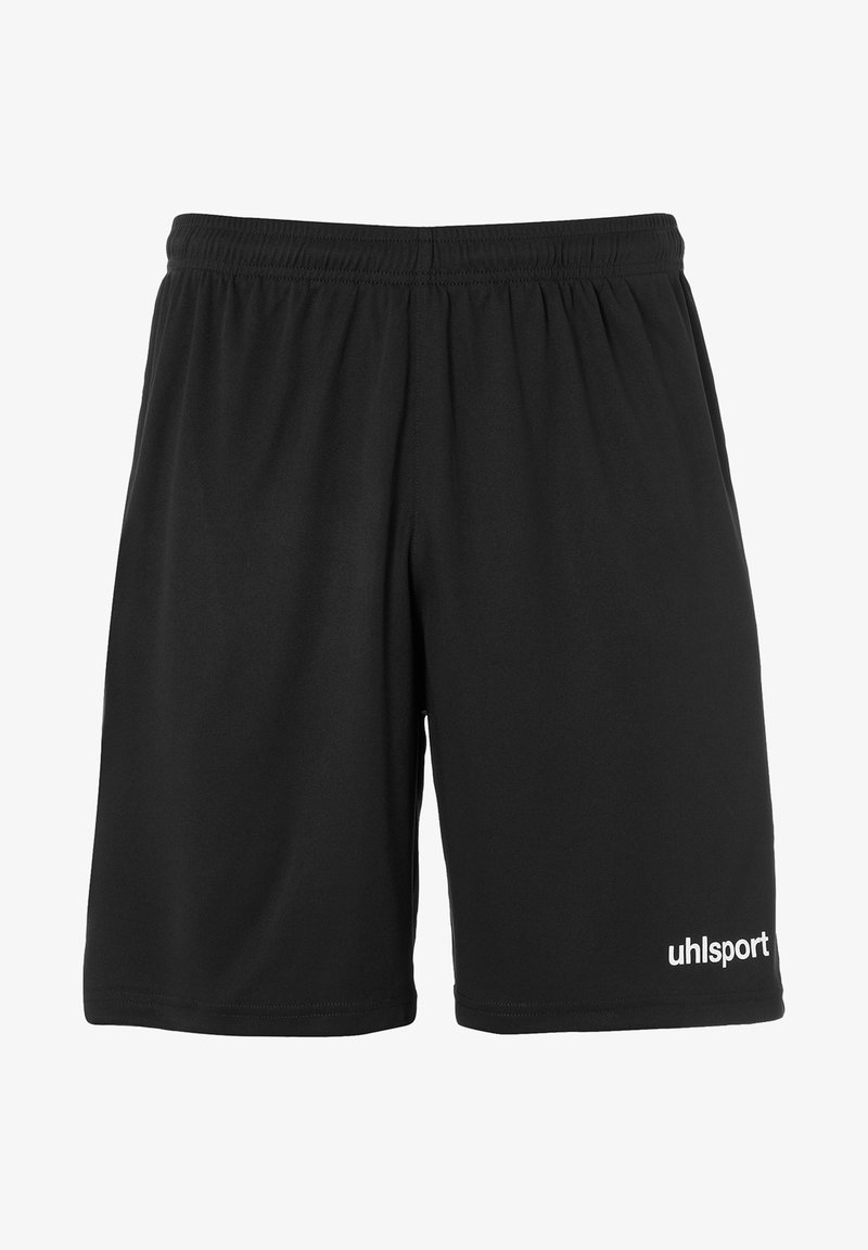 Zwarte sportshorts van lichtgewicht materiaal, met een elastische tailleband en een wit uhlsport-logo op de rechtsonder.
