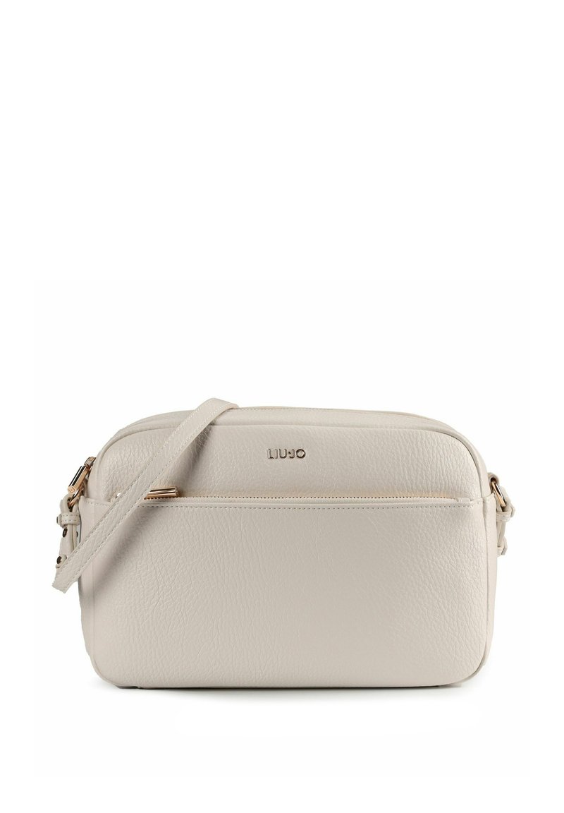 Borsa a tracolla in pelle beige chiaro, con superficie testurizzata, tasca anteriore con cerniera e tracolla regolabile. Logo del marchio visibile sul davanti.