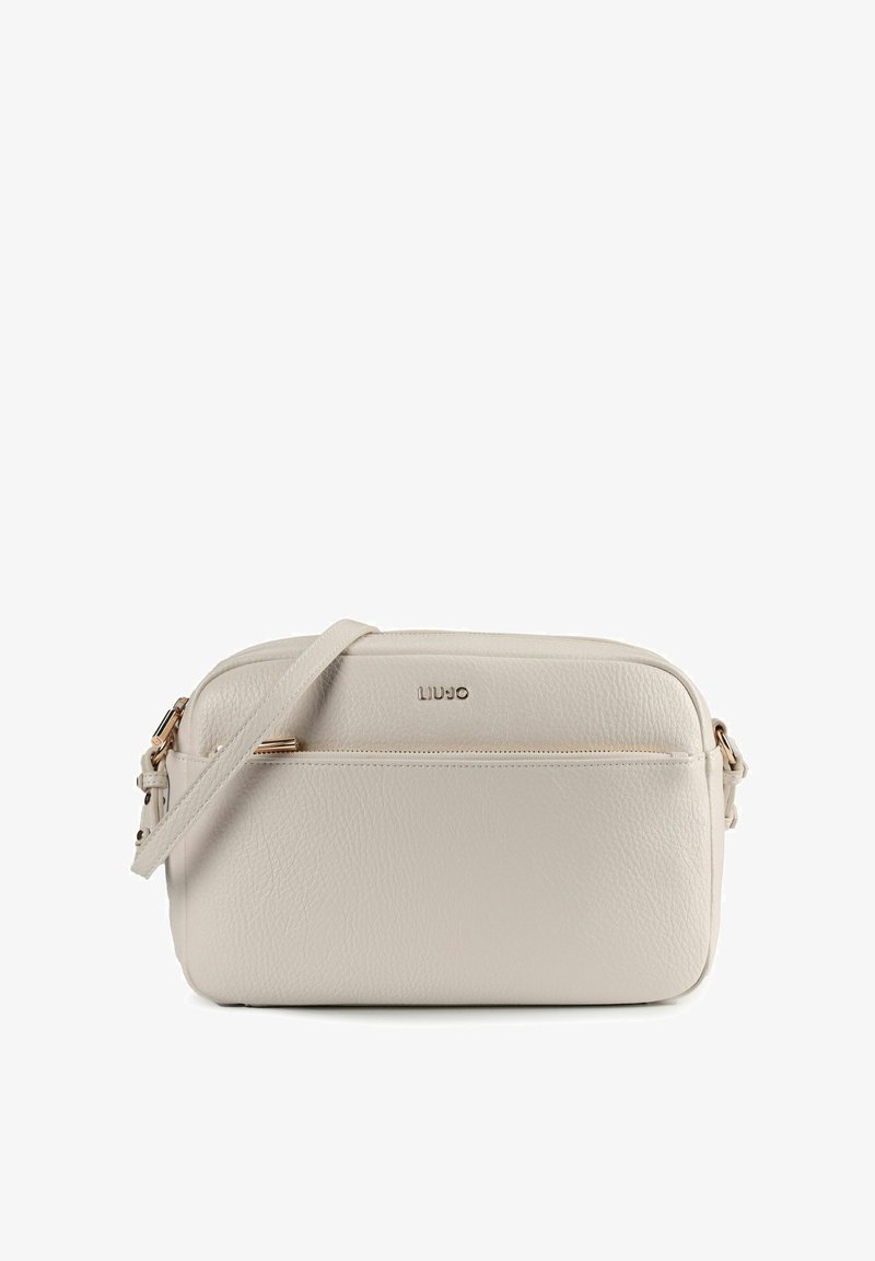 Borsa a tracolla in pelle beige chiaro, con superficie testurizzata, tasca anteriore con cerniera e tracolla regolabile. Logo del marchio visibile sul davanti.