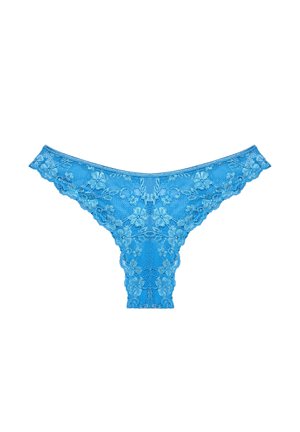 Blauwe kantstring met ingewikkelde bloemenpatronen, een gegolfde kantafwerking en een doorschijnende textuur. Zacht, lichtgewicht materiaal voor comfort.
