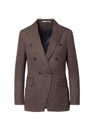 Brązowa teksturowana marynarka dwurzędowa z klapami z wycięciem, sześcioma czarnymi guzikami, kieszeniami z patkami oraz ciemną, wzorzystą podszewką.