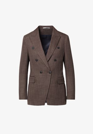 Brązowa teksturowana marynarka dwurzędowa z klapami z wycięciem, sześcioma czarnymi guzikami, kieszeniami z patkami oraz ciemną, wzorzystą podszewką.