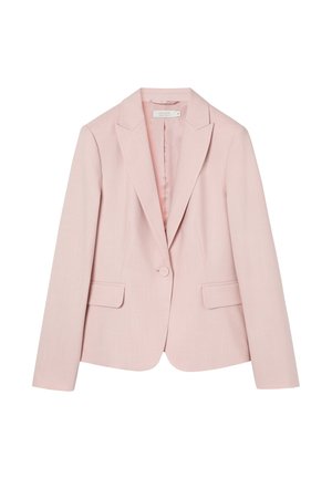 Light pink tailored blazer with notch lapels, single-button closure, and two front flap pockets, displayed on a white background.