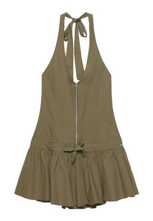 Ärmelloses, olivgrünes Neckholder-Kleid mit Reißverschluss vorne, Taillenschleife und Rüschensaum, entworfen für legere Anlässe.