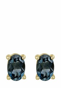 Orecchini in tonalità oro con pietre preziose ovali sfaccettate grigio-blu, montate su quattro griffe, con finitura lucida e texture liscia.