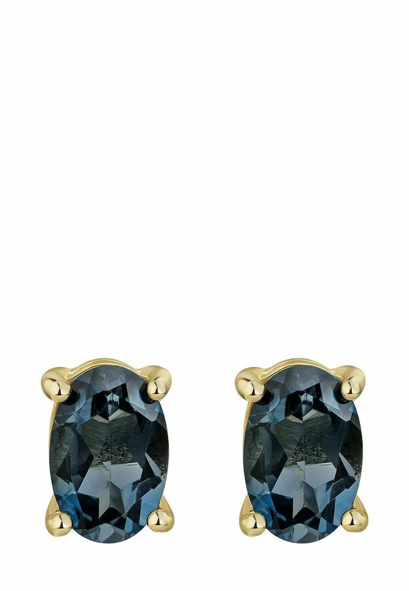 Orecchini in tonalità oro con pietre preziose ovali sfaccettate grigio-blu, montate su quattro griffe, con finitura lucida e texture liscia.