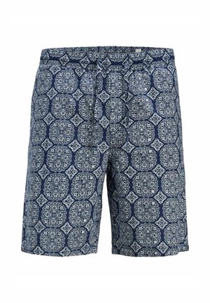 Navy blue patterned shorts with a geometric design. Made from lightweight fabric, featuring an elastic waistband and two front pockets.