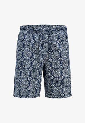 Navy blue patterned shorts with a geometric design. Made from lightweight fabric, featuring an elastic waistband and two front pockets.