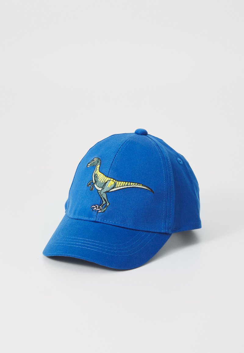 Blue cotton baseball cap with a curved visor, featuring an embroidered dinosaur design in yellow and green on the front panel.