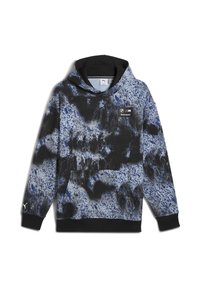 Sudadera con capucha en azul y negro con un patrón de salpicaduras, bolsillo canguro y parche de marca en el pecho. Tejido suave, corte relajado.