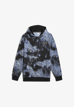 Cilvēks ar kapuci, zils un melns ar traipu rakstu, rangu kabatu un apģērbu logotipu uz krūškurvja. Mīksts audums, brīvs piegriezums.