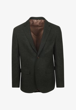 Donkergroene visgraat blazer met notch revers, twee voorkeurszakken, sluiting met één knoop en een bruine satijnen voering.