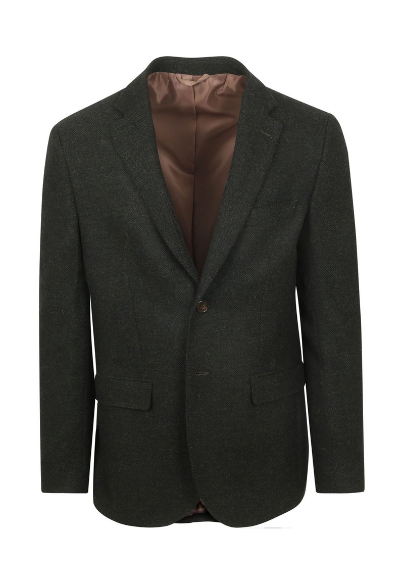 Donkergroene visgraat blazer met notch revers, twee voorkeurszakken, sluiting met één knoop en een bruine satijnen voering.