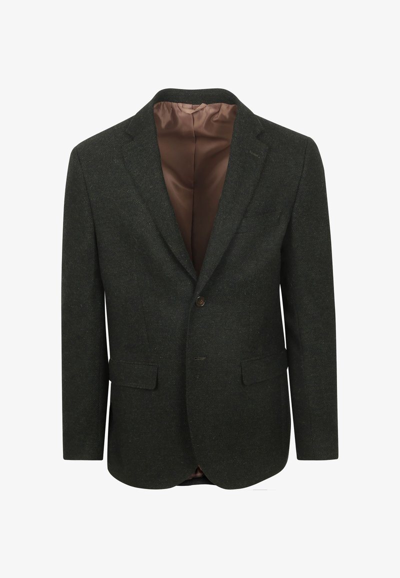 Donkergroene visgraat blazer met notch revers, twee voorkeurszakken, sluiting met één knoop en een bruine satijnen voering.