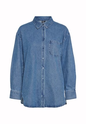Denim srajca v svetlo modri barvi z gumbom spredaj, klasičnim ovratnikom, enim žepom na prsih in dolgimi rokavi z manšetami.
