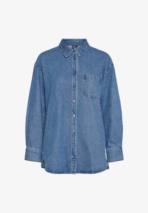 Denim shirt in light blue with a button-up front, a classic collar, single chest pocket, and long sleeves with cuffed ends.