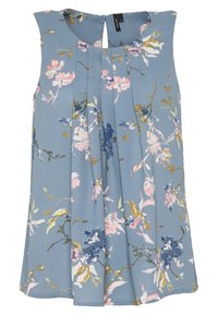 Sinine lilleline särk ilma varrukateta, millel on volditud eesmine osa, roosa, sinise ja kuldse aktsendiga ning tagumise külje võtmeaugu ava. Kerge kangas.