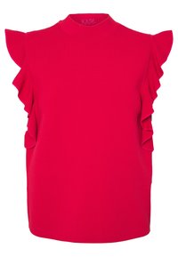 Červený top s krátkým rukávem, vysokým límcem a volánky na ramenech. Hladká látka s jednotnou barvou a zaobleným lemem.