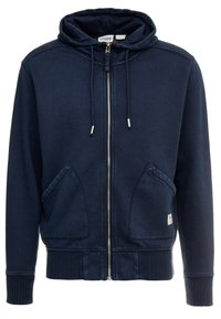 Sudadera con cremallera de color azul marino en mezcla de algodón, con capucha ajustable, dos bolsillos frontales y puños y dobladillo de canalé. Presenta una etiqueta de logo en la parte delantera.