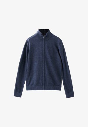 Pull à fermeture éclair bleu marine avec un col montant, en tissu texturé. Caractéristiques : manches longues et ourlet côtelé à la taille et aux poignets.