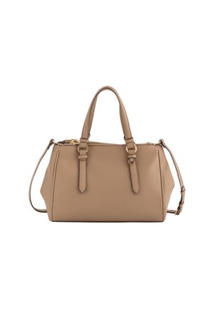 Bolso de cuero marrón claro con asas superiores dobles, correa de hombro extraíble, acabado texturizado y detalles de cremallera en tono dorado.