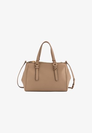 Sac à main en cuir beige avec deux poignées supérieures, bandoulière amovible, finitions texturées et détails de fermeture éclair dorés.