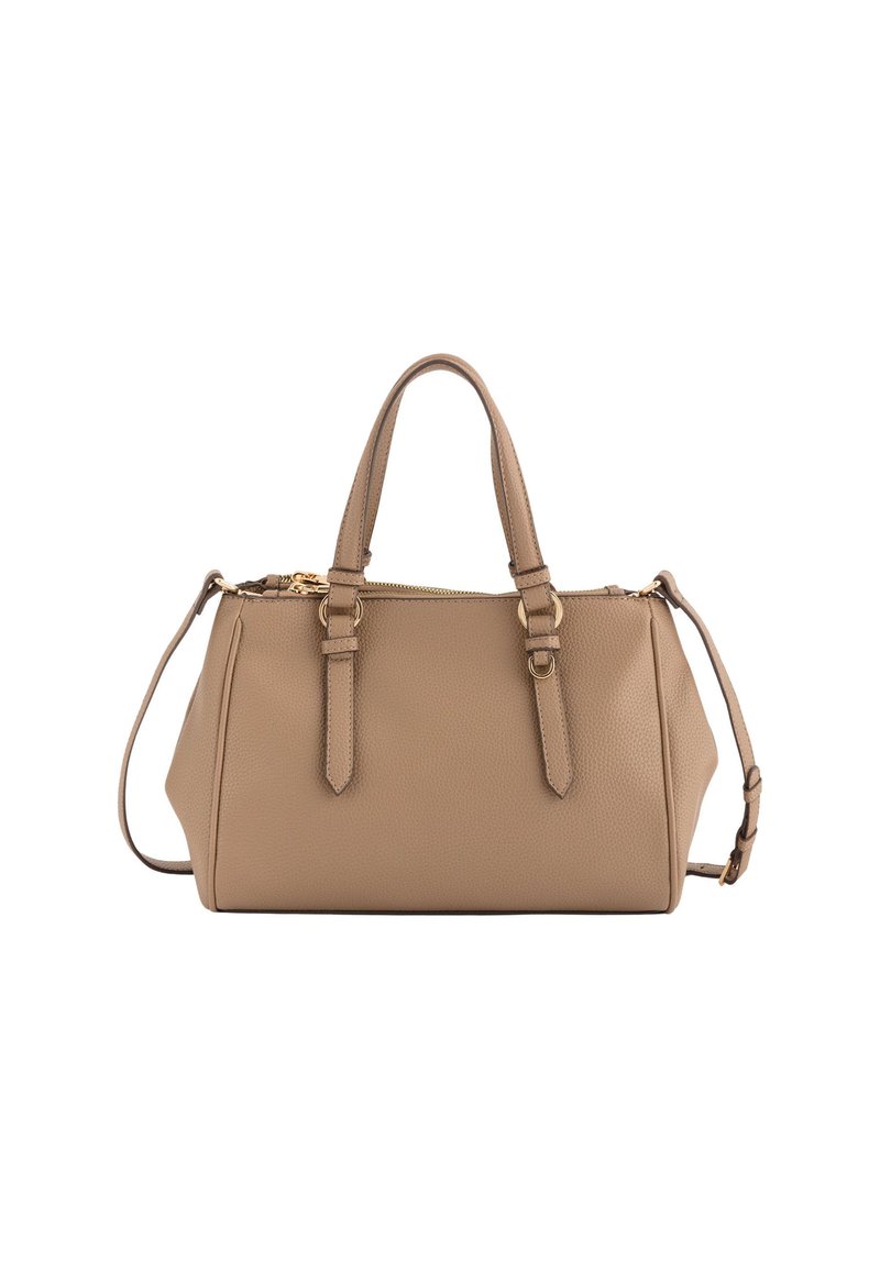 Brun lædertaske med dobbelte top-håndtag, aftagelig skulderrem, struktureret overflade og guldfarvet lynlåsdetaljer.