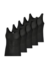 Vijf zwarte tanktops met brede schouderbanden, gemaakt van een gladde stof met een subtiele textuur, voorzien van een ronde halslijn en een aangesloten pasvorm.