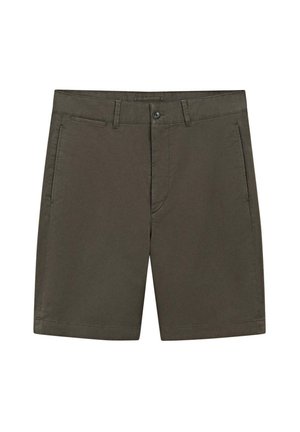 Pánské volnočasové šortky olivově zelené barvy s poutečky na pásek, bočními kapsami, zapínáním na knoflíky a zipem, zobrazené na bílém pozadí.