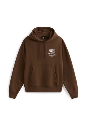 Ruskea huppari, joka on valmistettu pehmeästä kankaasta. Siinä on kengurun tasku, kiristettävä huppu ja valkoinen "VANS" -logo, jossa on teksti "OFF THE WALL" etupuolella.